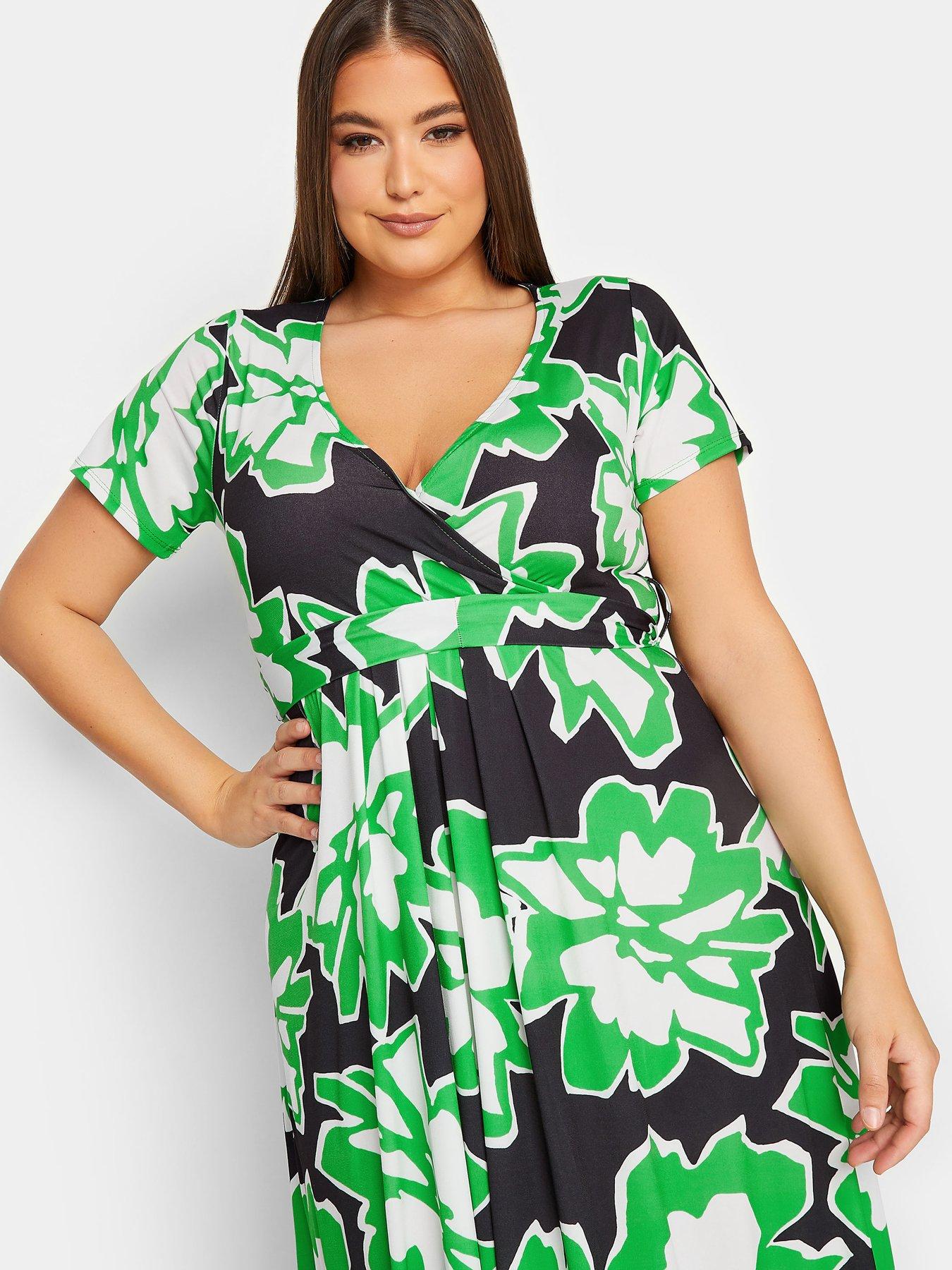 Yours Floral Wrap Front Tie Dress - Black/Green | Very.co.uk