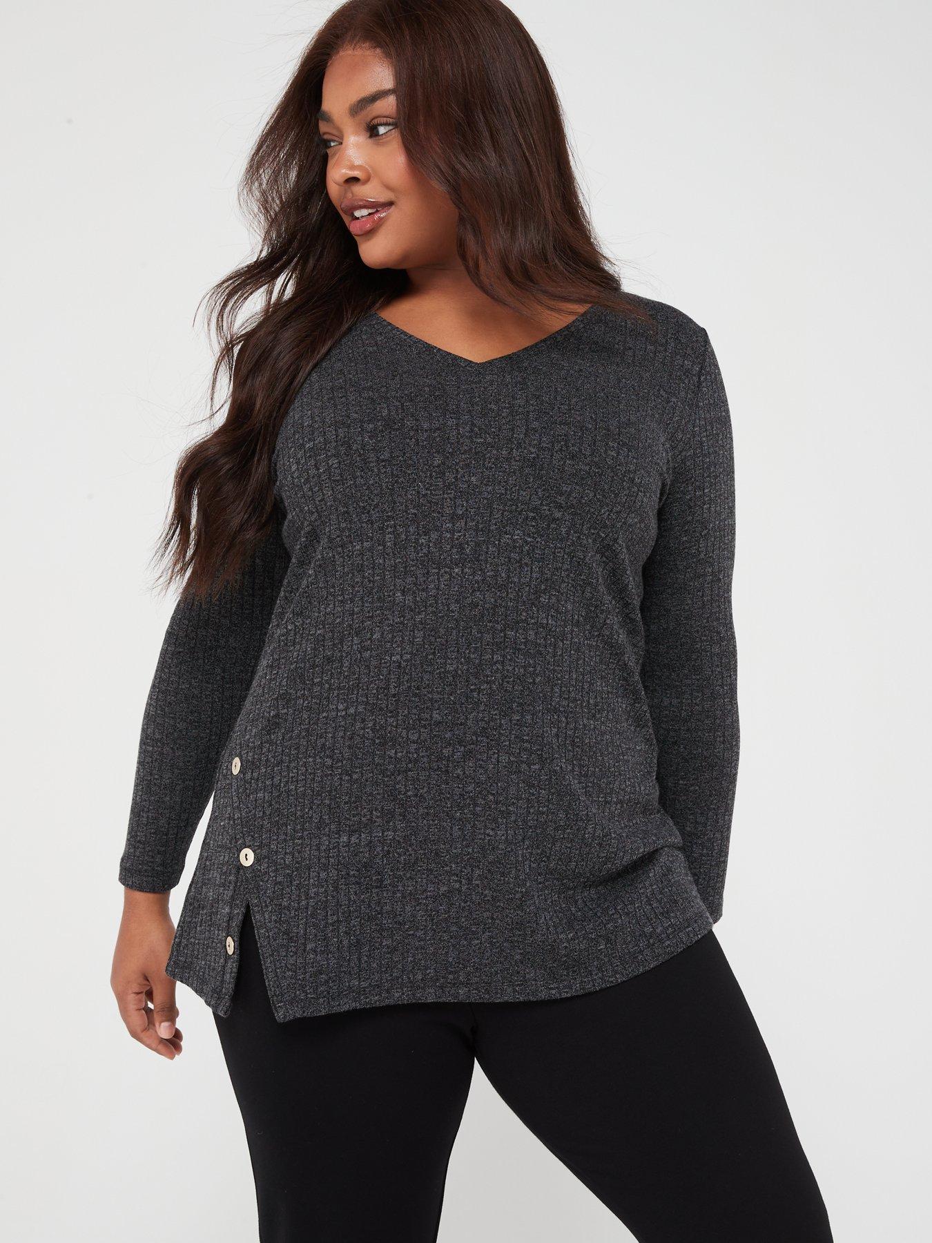 V by Very Curve Button Hem Marl Rib Long Sleeve Top - Grey | Very.co.uk