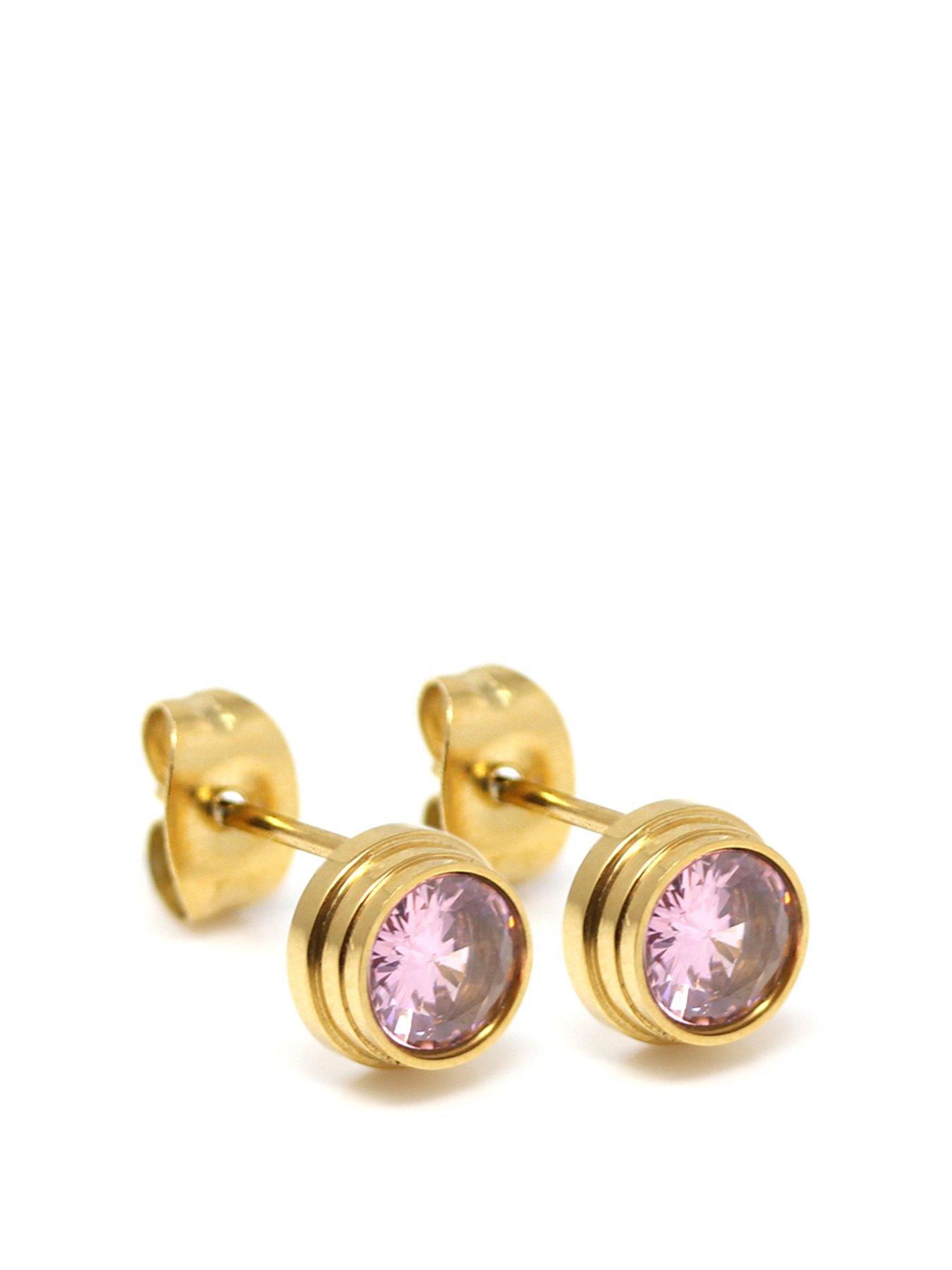 Product photograph of Say It With Bezel Earrings - Yellow Gold Amp Pink Stone from very.co.uk