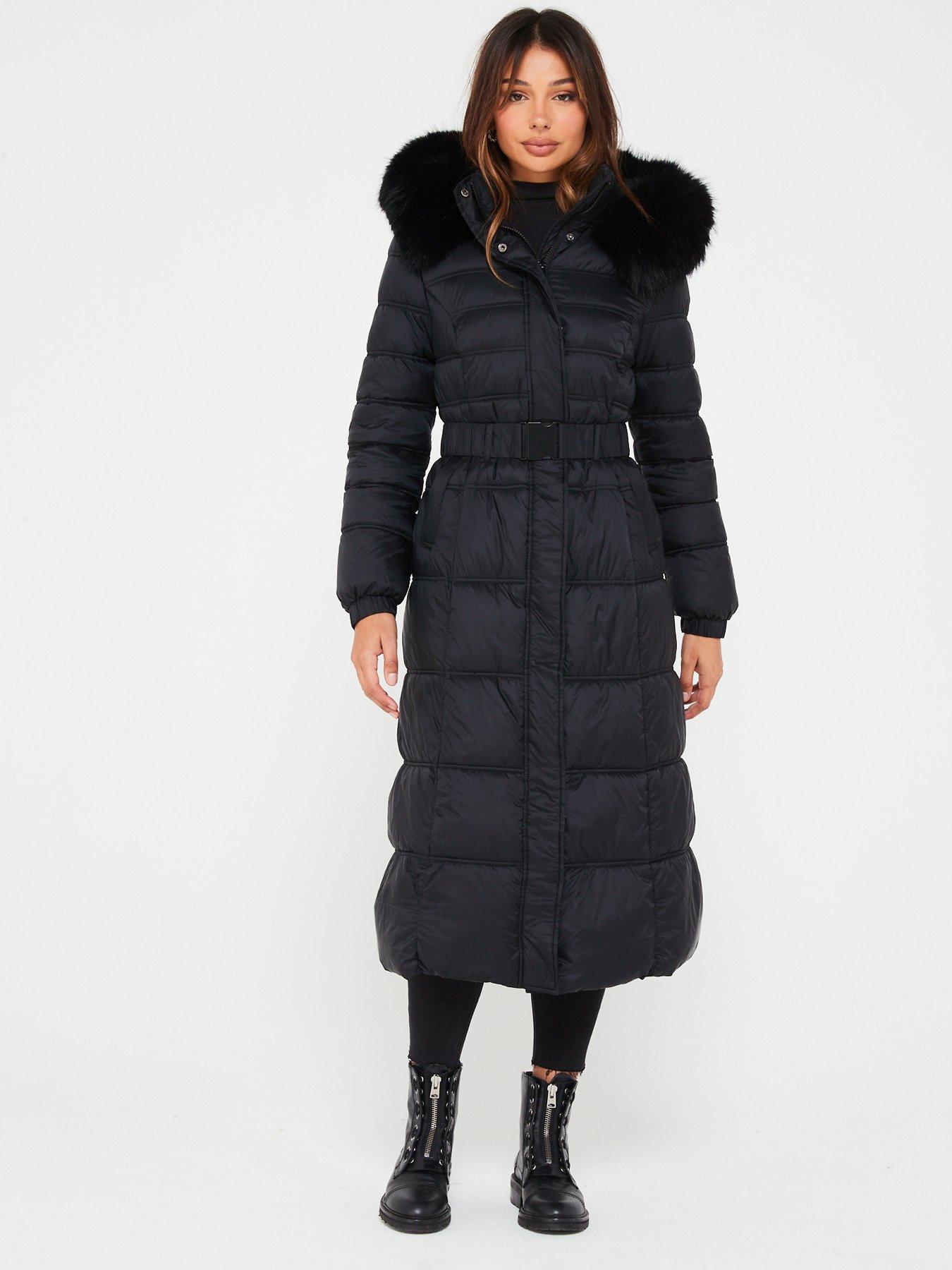 Black Longline Padded Full Length Belted Puffer Coat Jacket