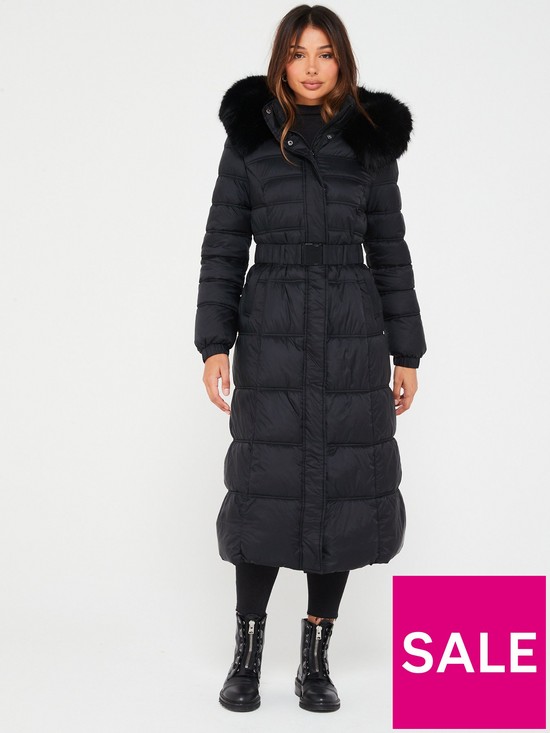 front image of v-by-very-maxi-belted-padded-coat-with-faux-fur-trim-black