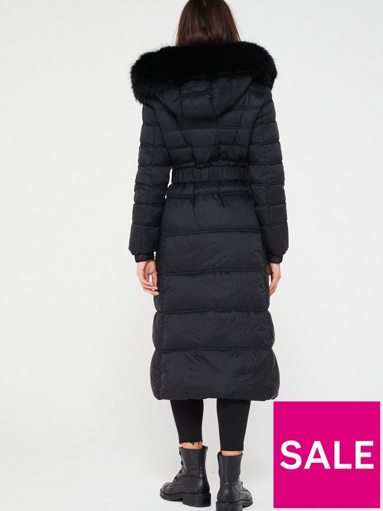 stillFront image of v-by-very-maxi-belted-padded-coat-with-faux-fur-trim-black