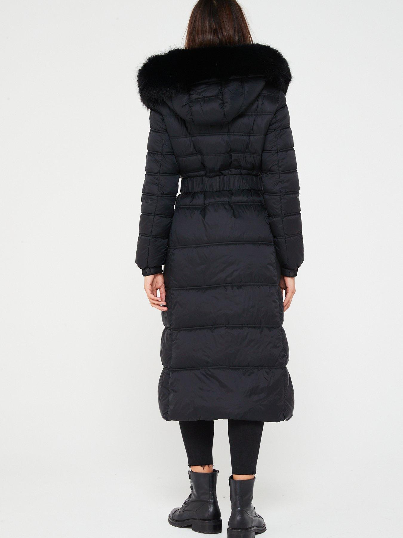 Image 2 of 6 of V by Very Maxi Belted Padded Coat With Faux Fur Trim - Black