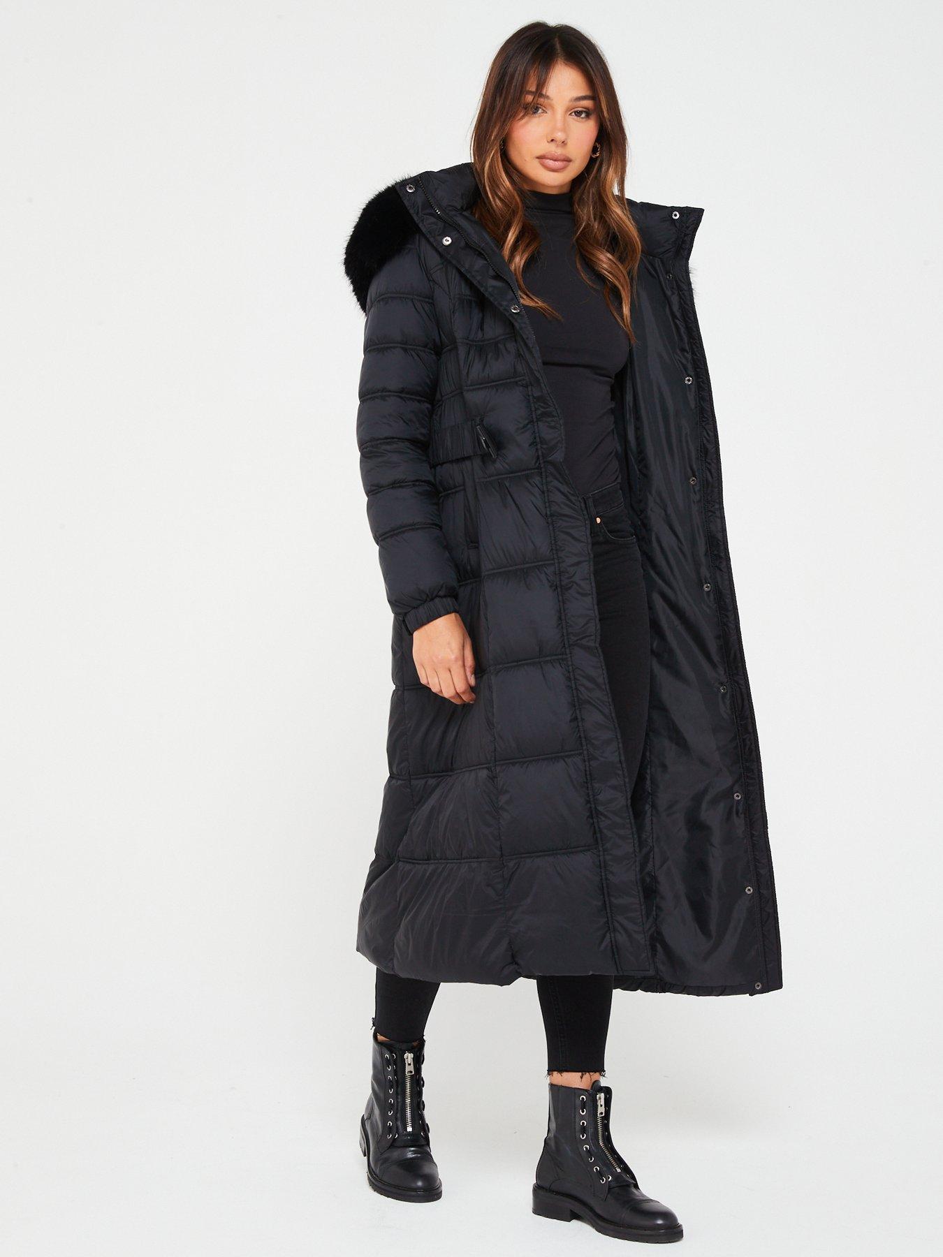 Image 3 of 6 of V by Very Maxi Belted Padded Coat With Faux Fur Trim - Black