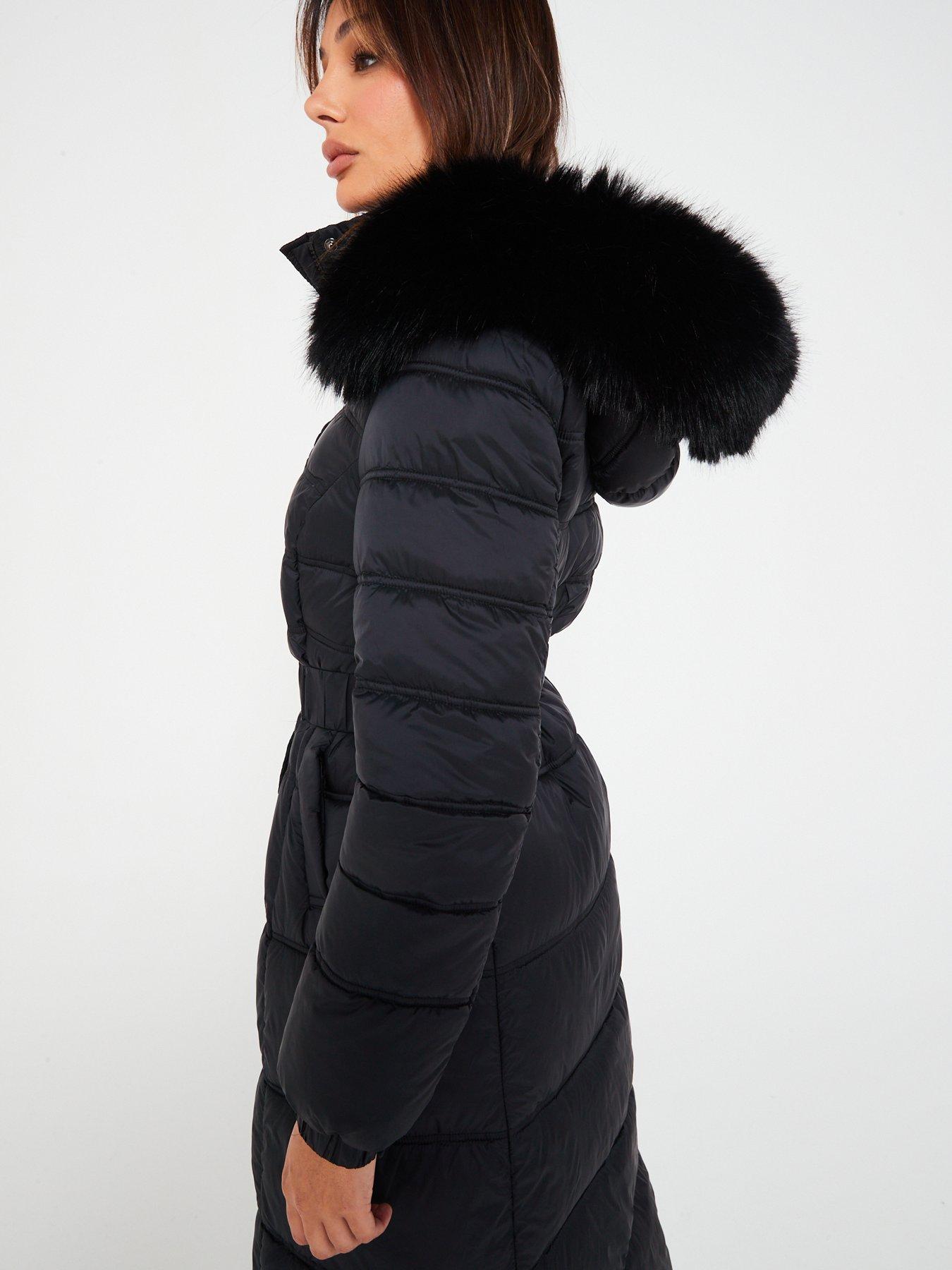 Image 4 of 6 of V by Very Maxi Belted Padded Coat With Faux Fur Trim - Black
