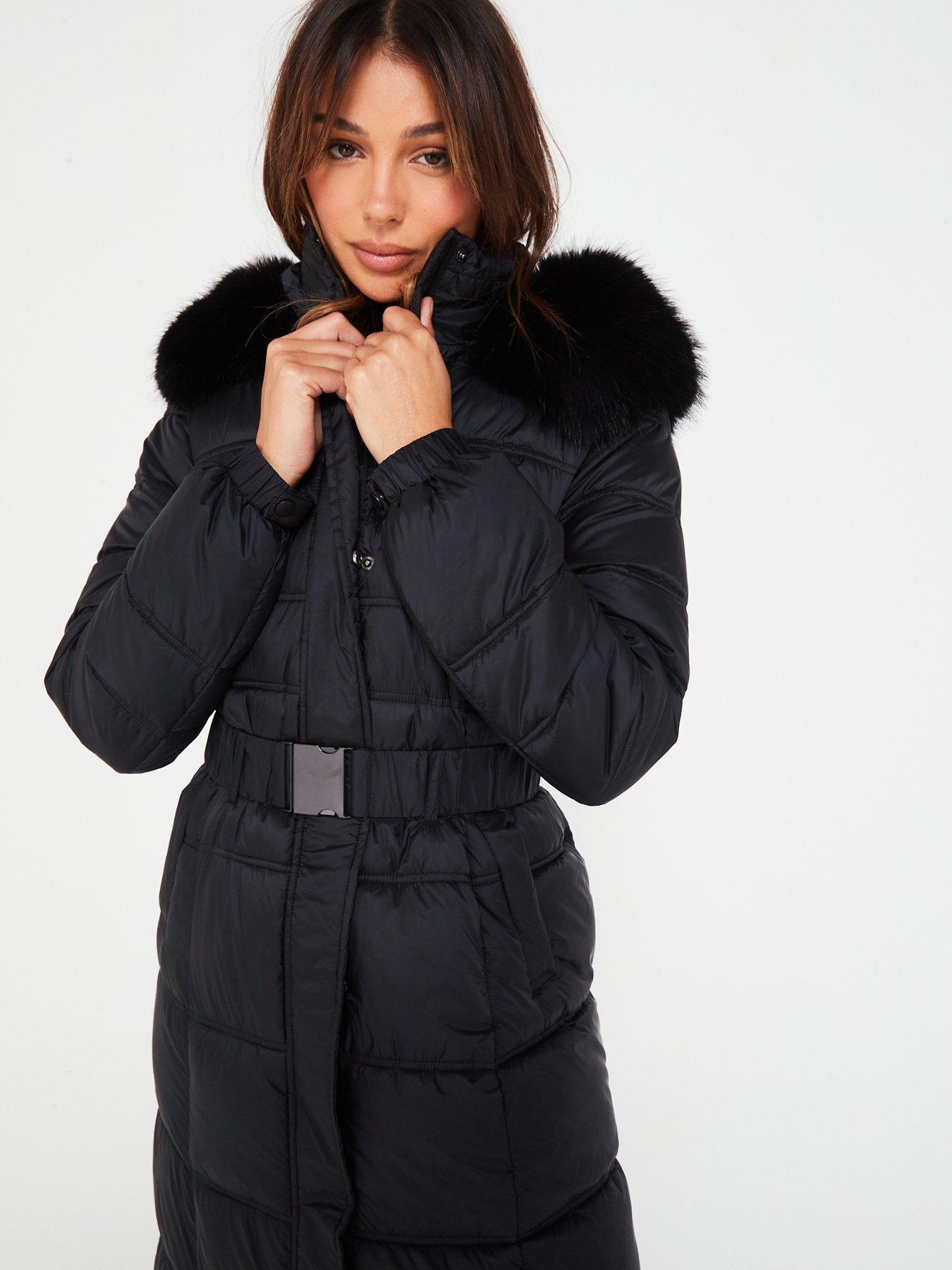 Image 5 of 6 of V by Very Maxi Belted Padded Coat With Faux Fur Trim - Black
