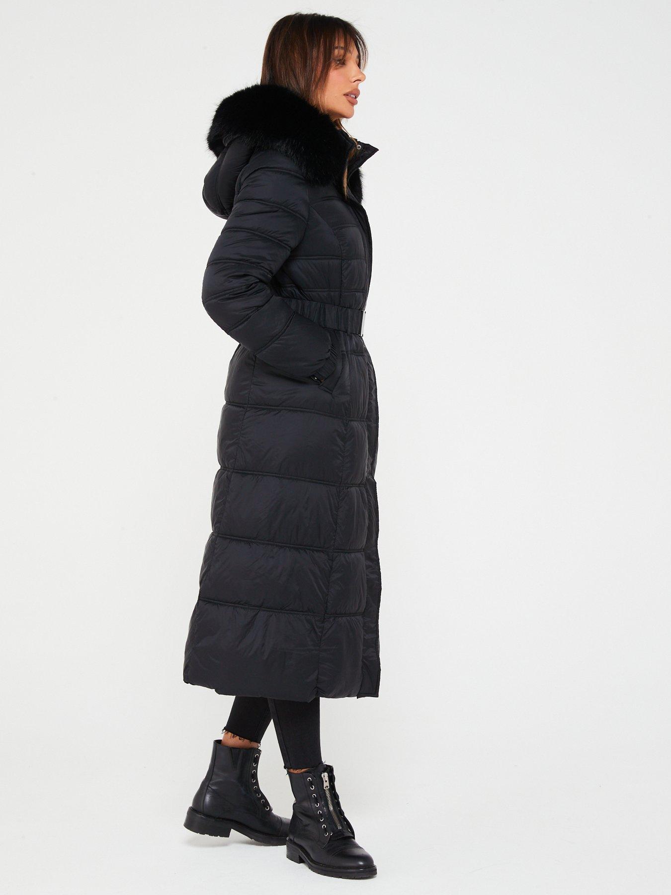 Image 6 of 6 of V by Very Maxi Belted Padded Coat With Faux Fur Trim - Black