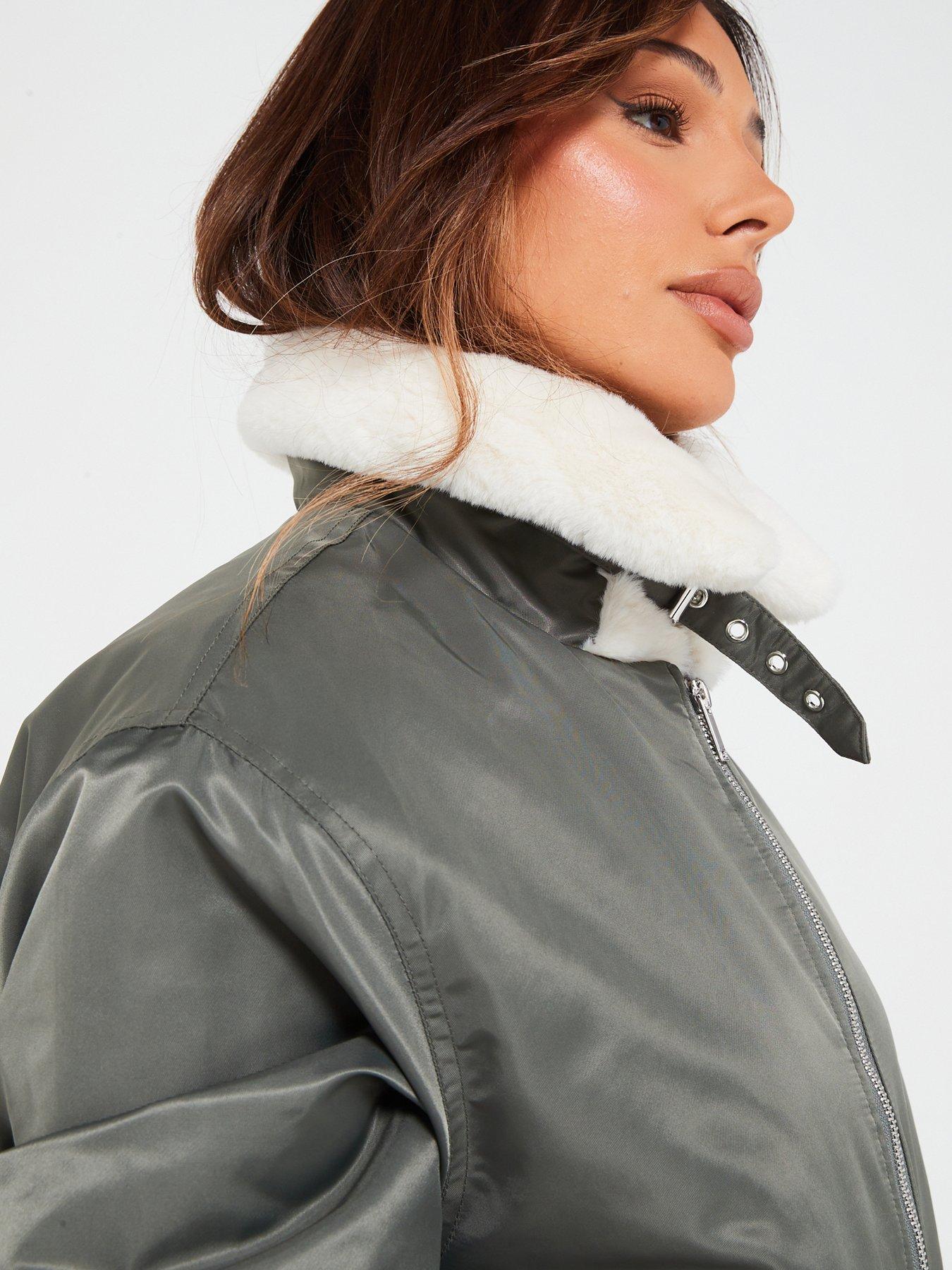 Faux Fur Collar Bomber Jacket Khaki