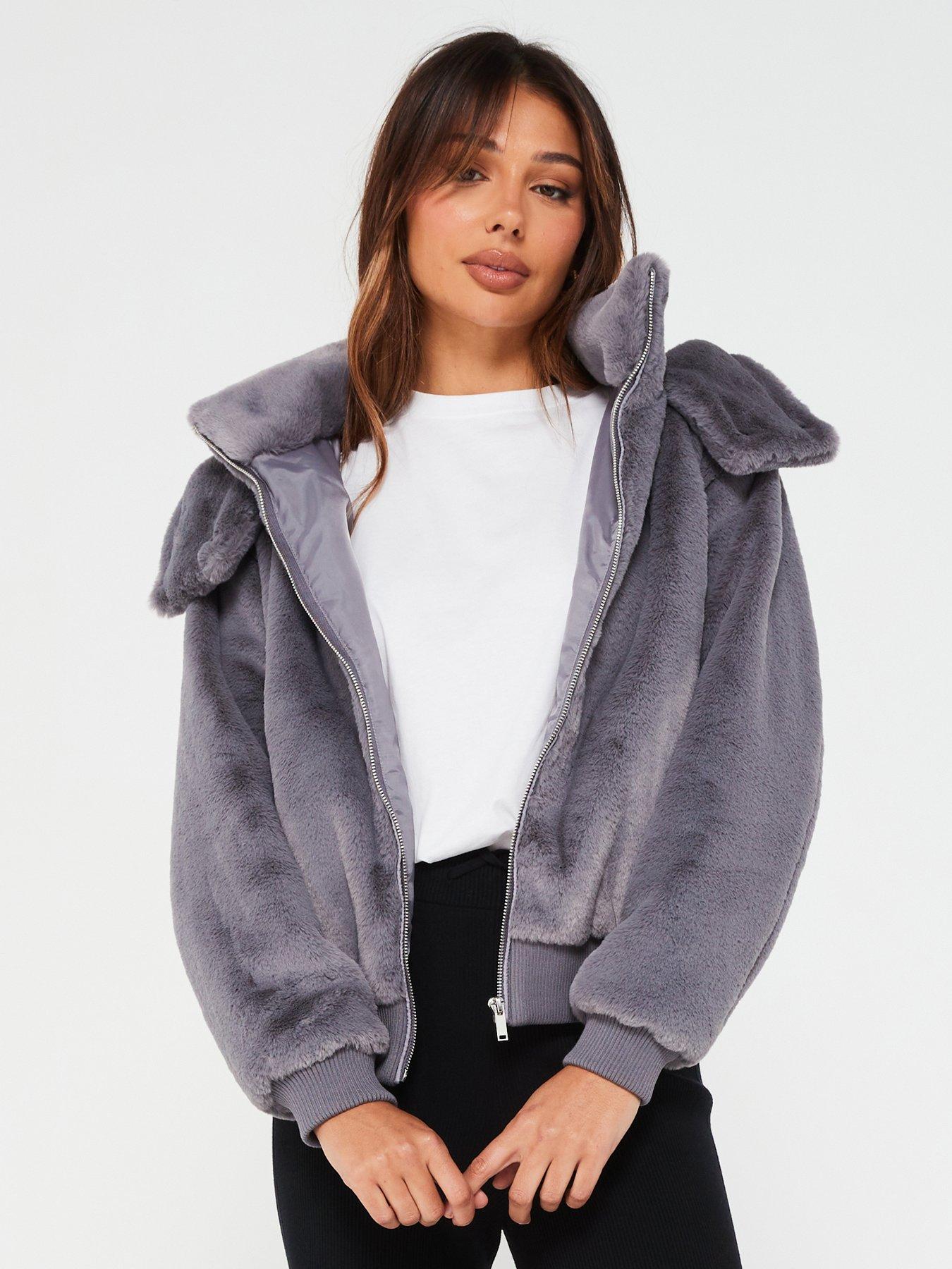 Sporty Faux Fur Jacket With Hood Grey