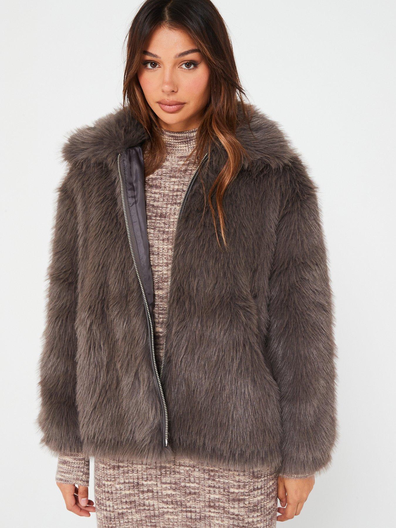 Dark grey collared faux fur jacket best sale