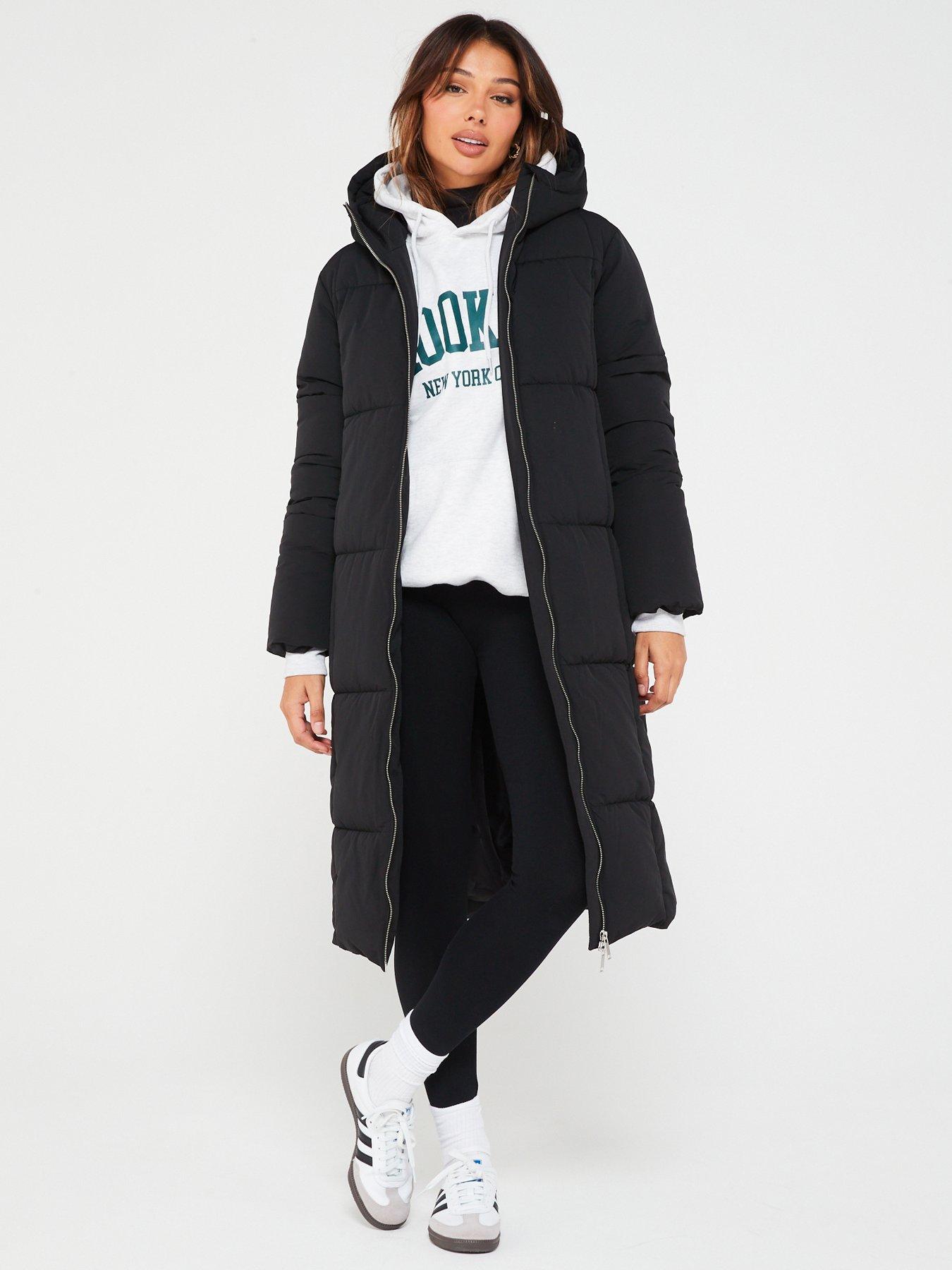 V by Very Premium Longline Padded Coat With Hood - Black