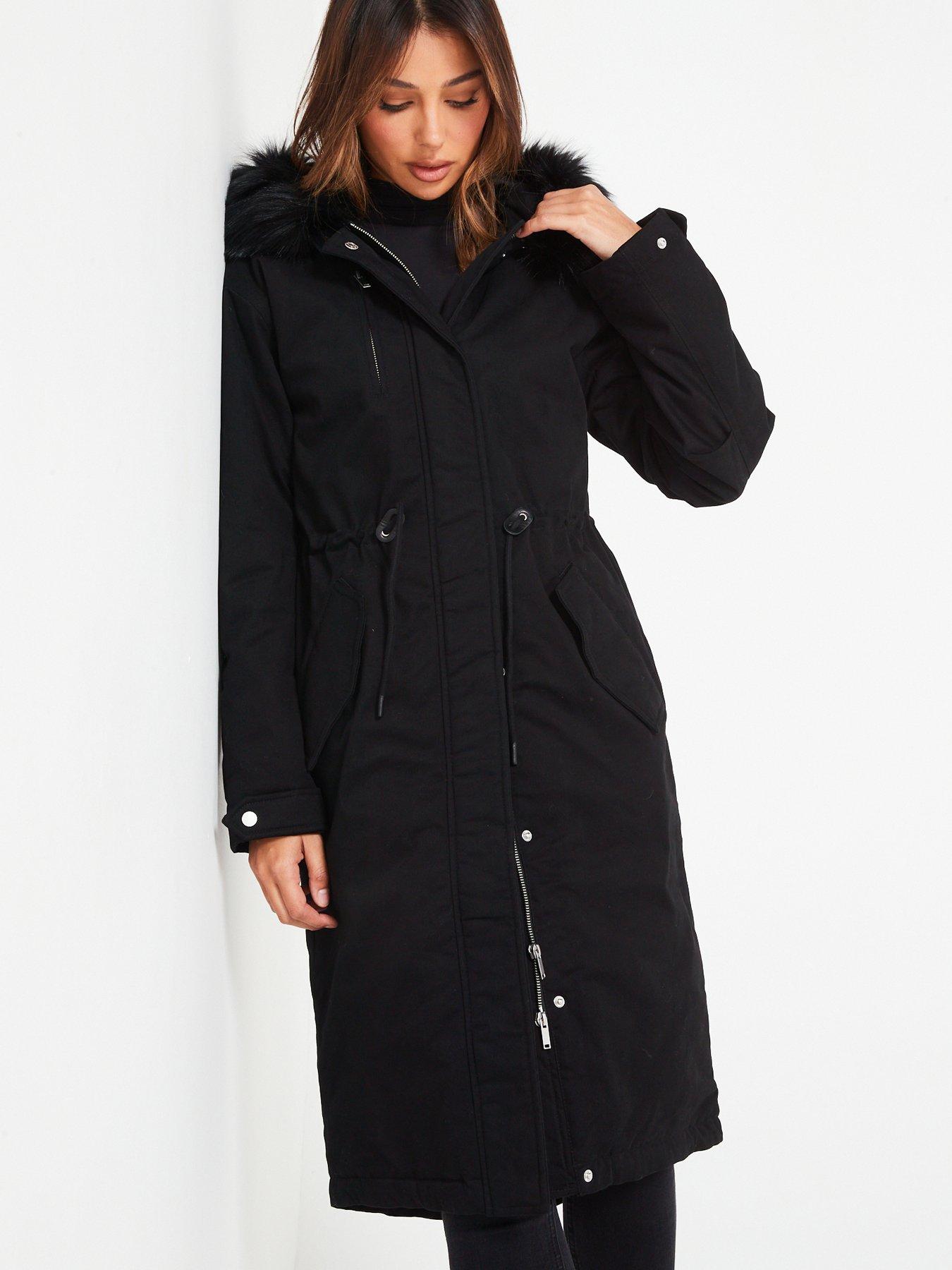 V by Very Faux Fur Trim Parka Trench | very.co.uk