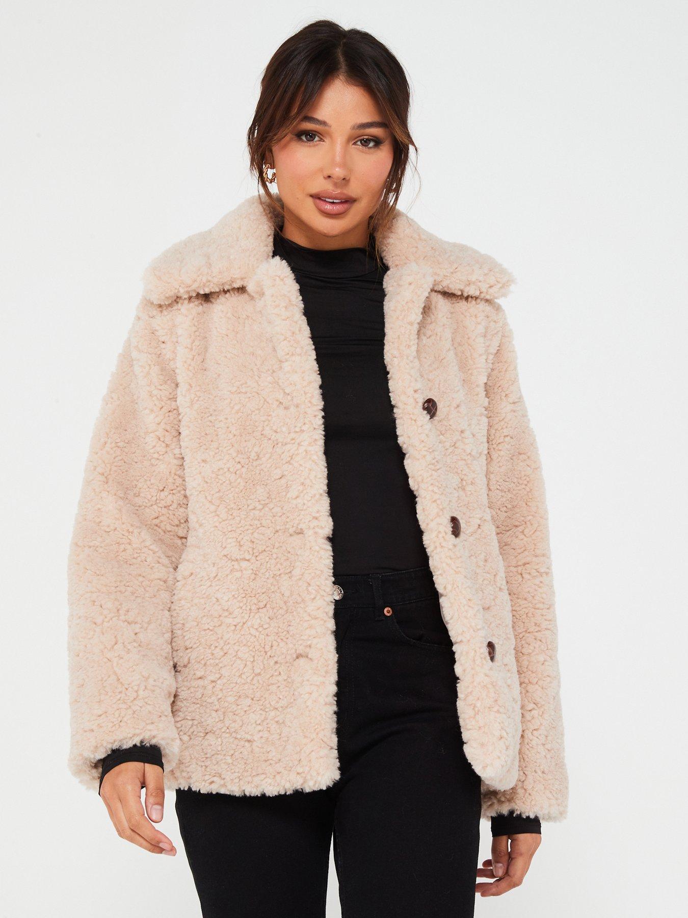 Womens - Faux Fur Lined Afghan Coat in Stone Wash Taupe Brown
