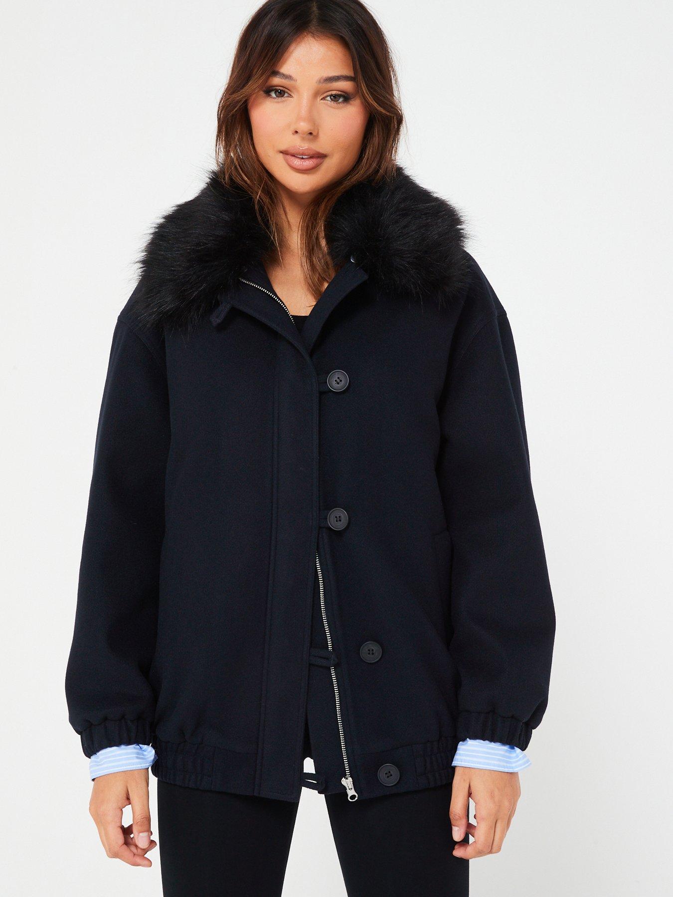 V by Very Faux Wool Bomber Jacket With Faux Fur Collar - Navy