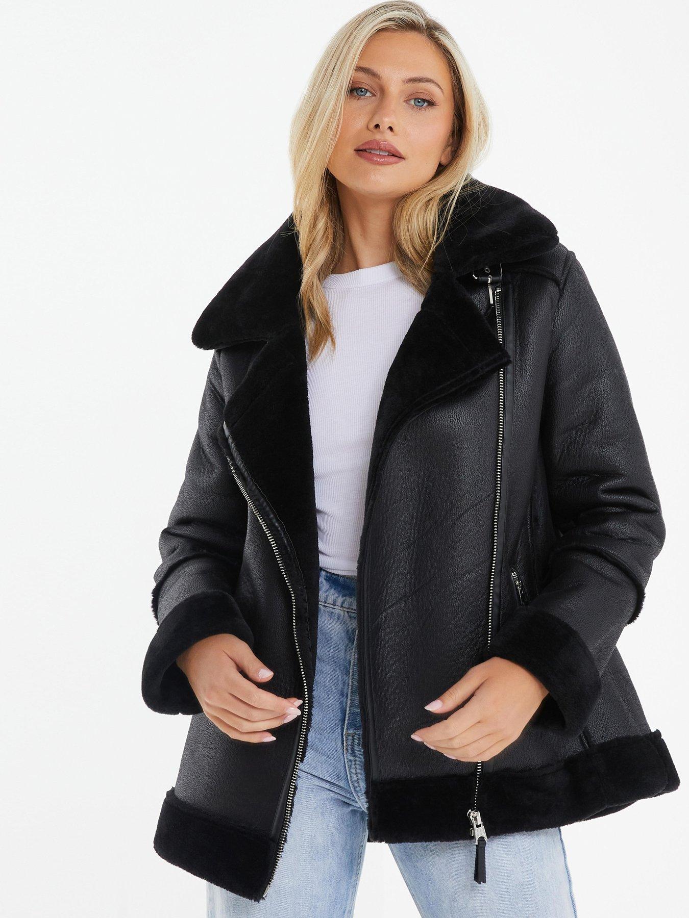 Quiz Shearling Aviator Jacket - Black | Very.co.uk