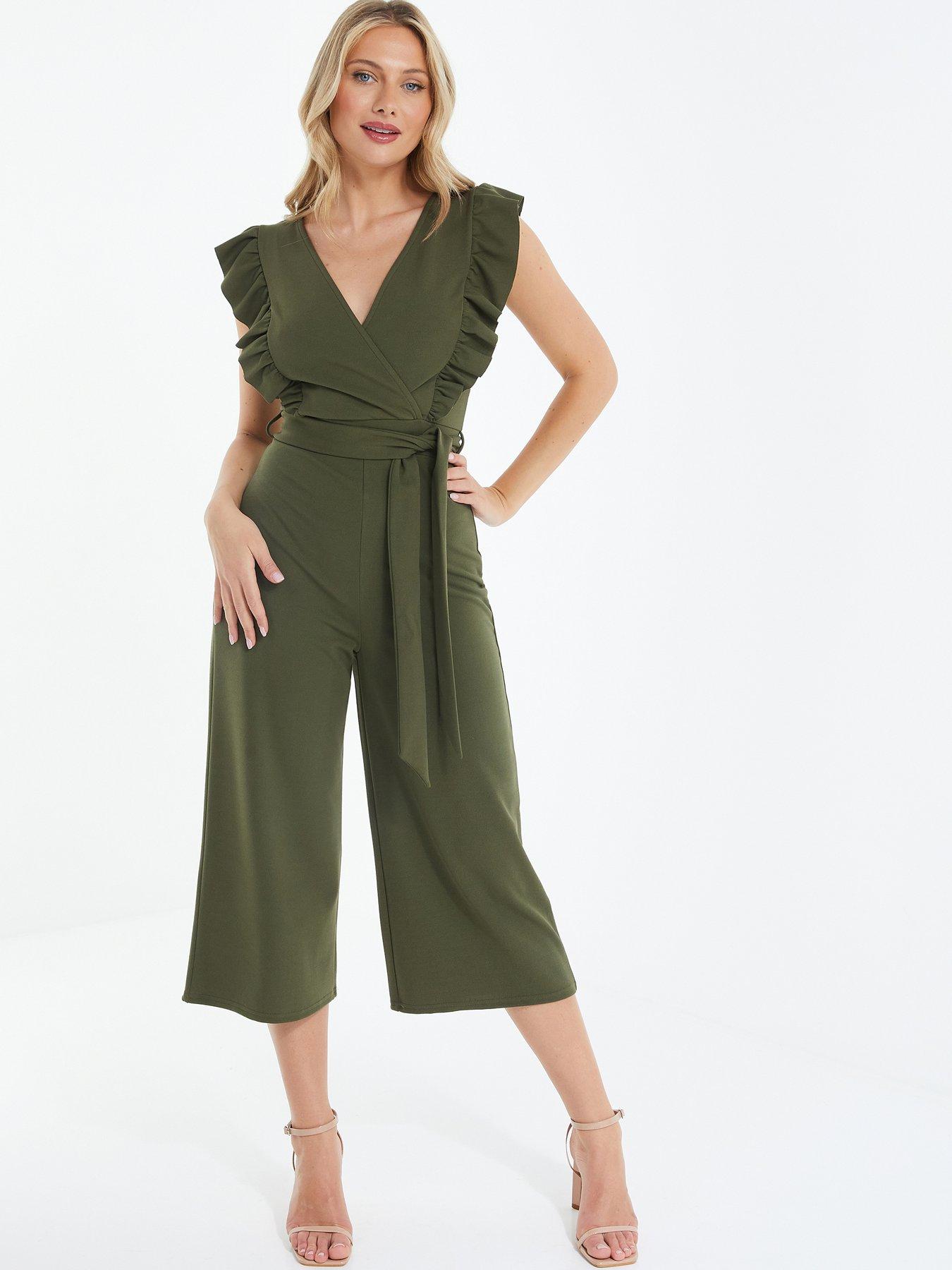 Quiz Wrap Frill Front Culotte Jumpsuit - Khaki