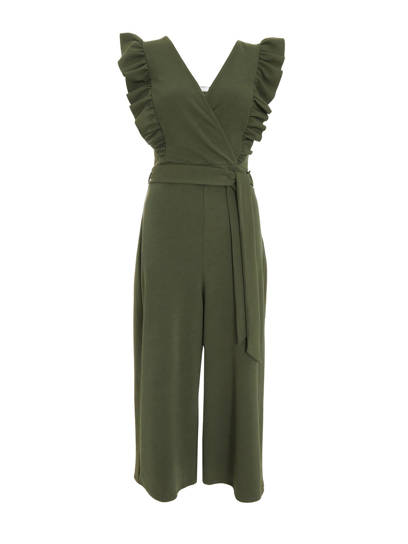 Quiz Wrap Frill Front Culotte Jumpsuit - Khaki | Very.co.uk