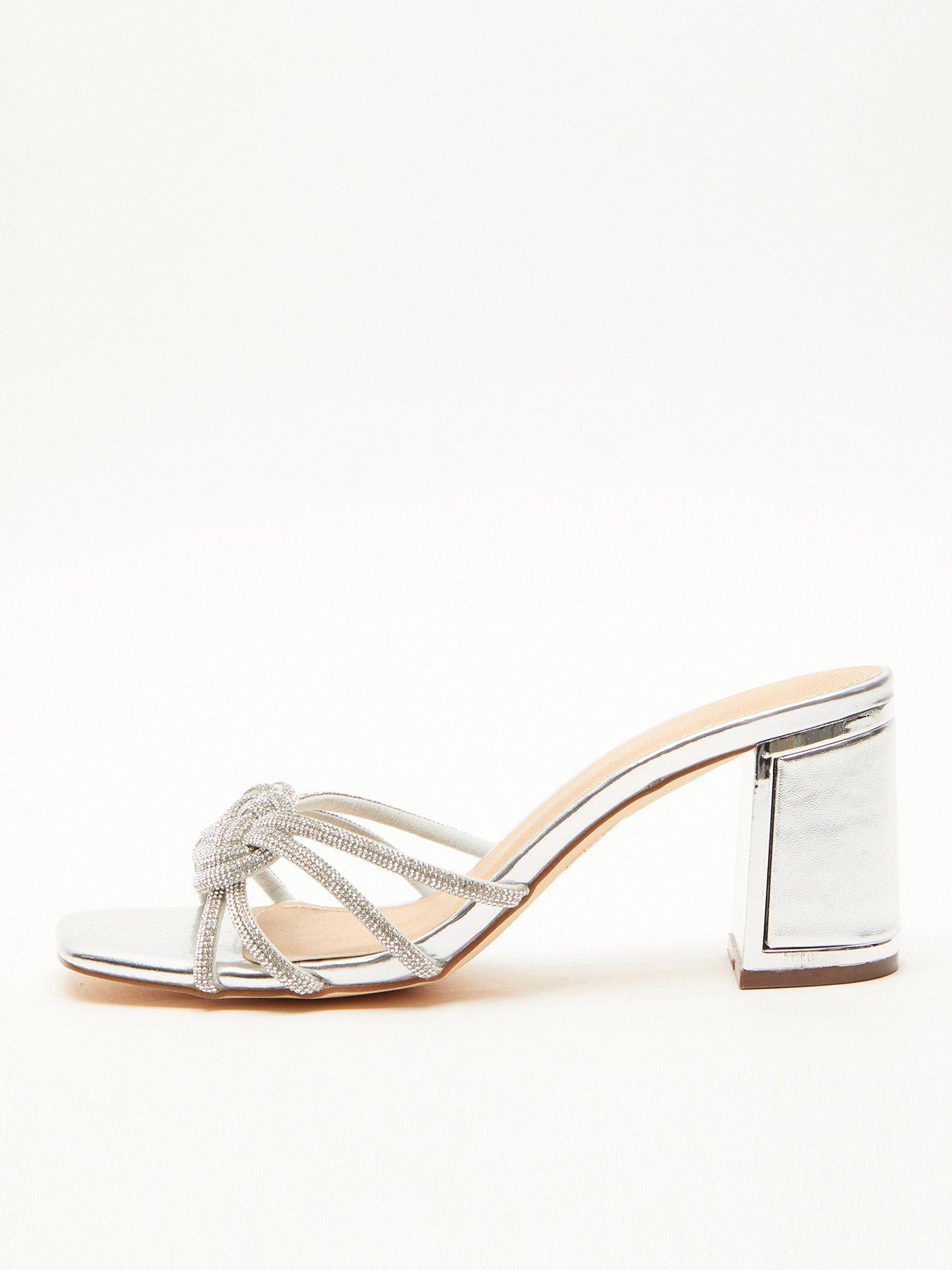 Quiz Diamante Mule Block Heels - Silver | very.co.uk