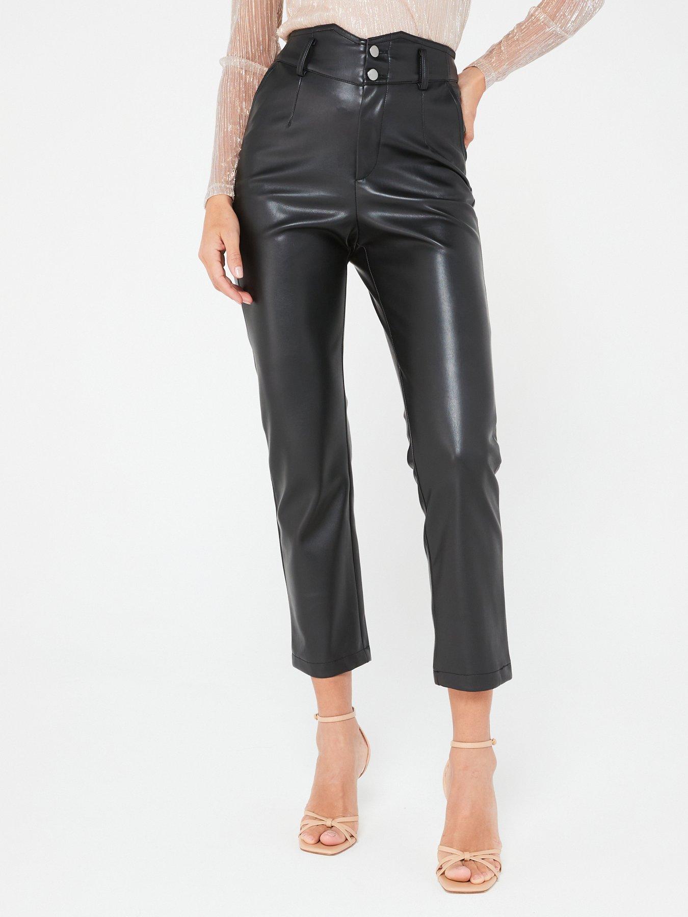 Black Faux Leather V Waist Pants