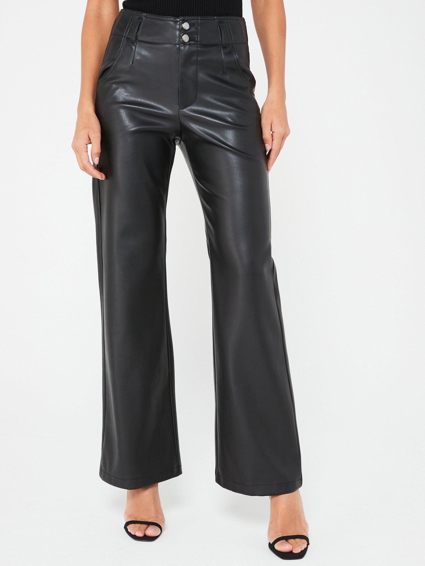 Only Petite faux leather side split flared pants in black