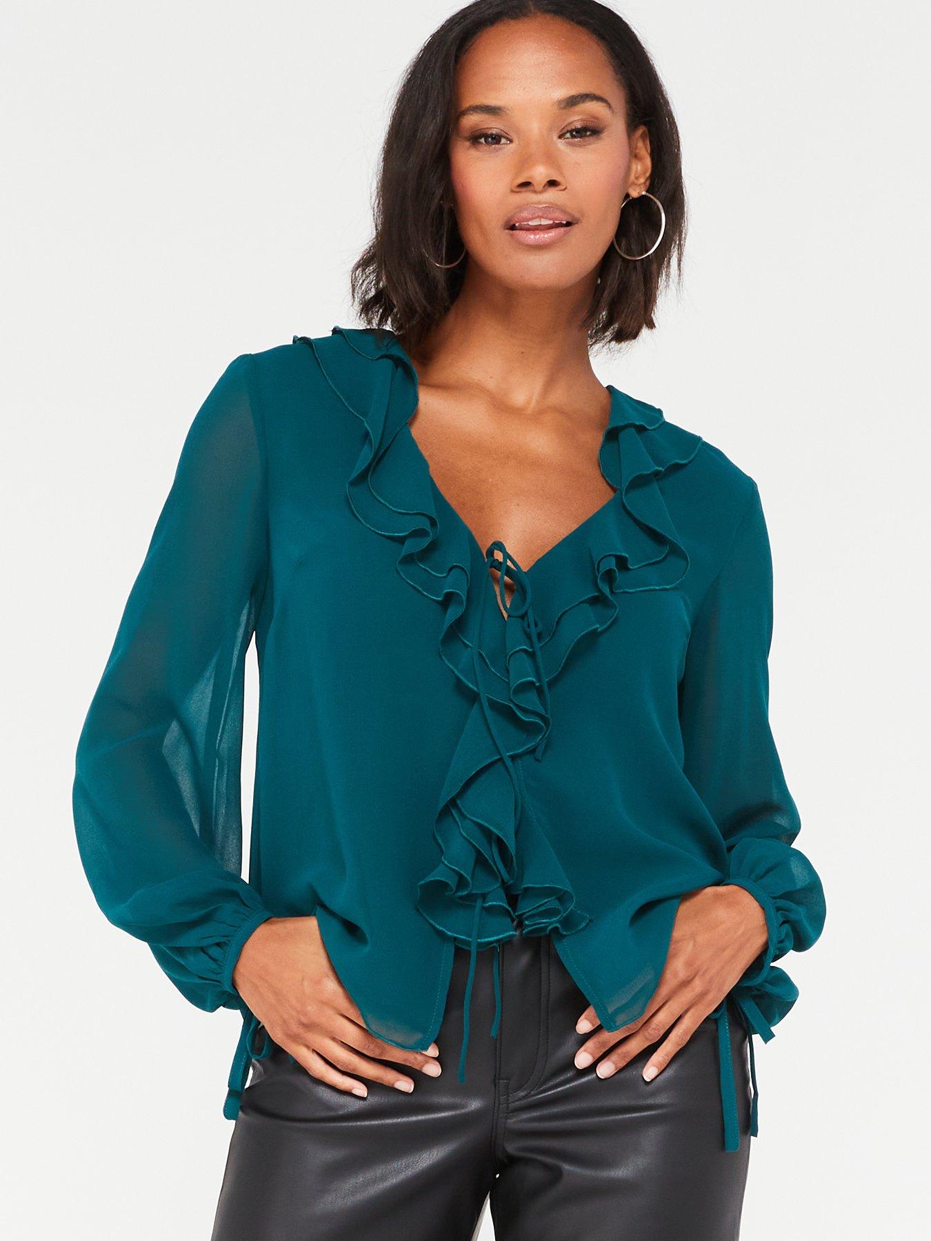 V by Very Sheer Ruffle Blouse - Teal | very.co.uk