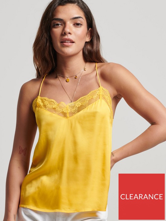 front image of superdry-lace-trim-satin-cami-top-yellow