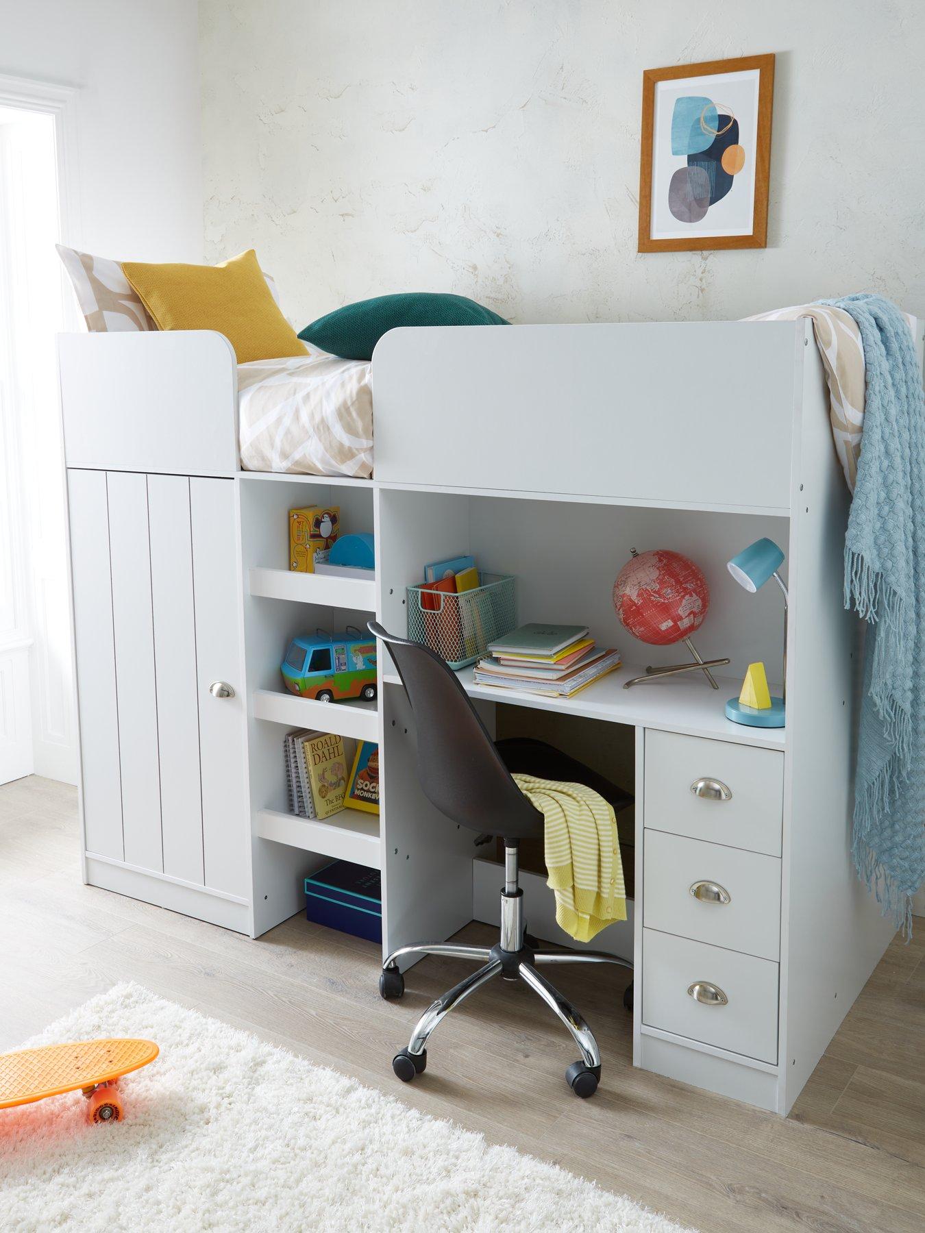 undefined Atlanta High Sleeper with Desk, Drawers and Wardrobe with Mattress Options (Buy and SAVE!) - White