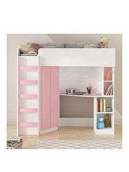 Product photograph of Very Home Miami Fresh High Sleeper Bed With Desk Wardrobe Shelves And Mattress Options Buy And Save - Pink - Bed Frame Only from very.co.uk
