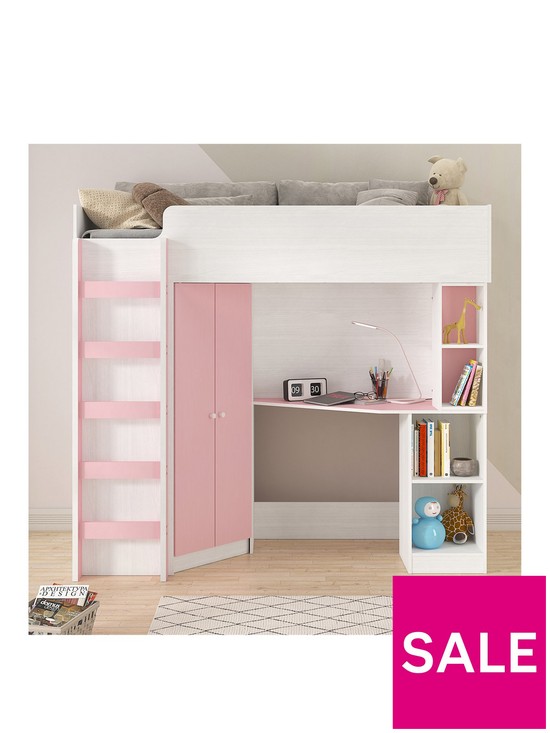 front image of very-home-miami-fresh-high-sleeper-bed-with-desk-wardrobenbspshelves-and-mattress-options-buy-and-save-pink