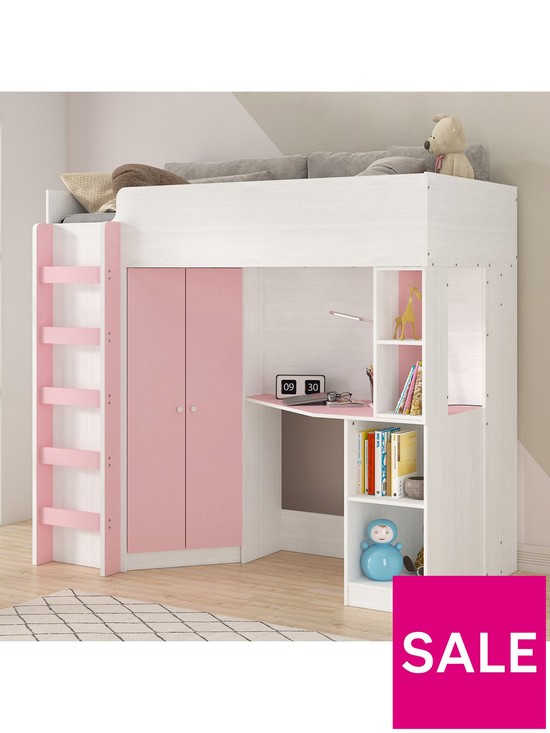 stillFront image of very-home-miami-fresh-high-sleeper-bed-with-desk-wardrobenbspshelves-and-mattress-options-buy-and-save-pink
