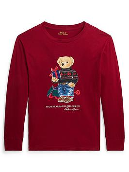 Ralph Lauren Boys Holiday Christmas Bear Long Sleeve T-Shirt - Red