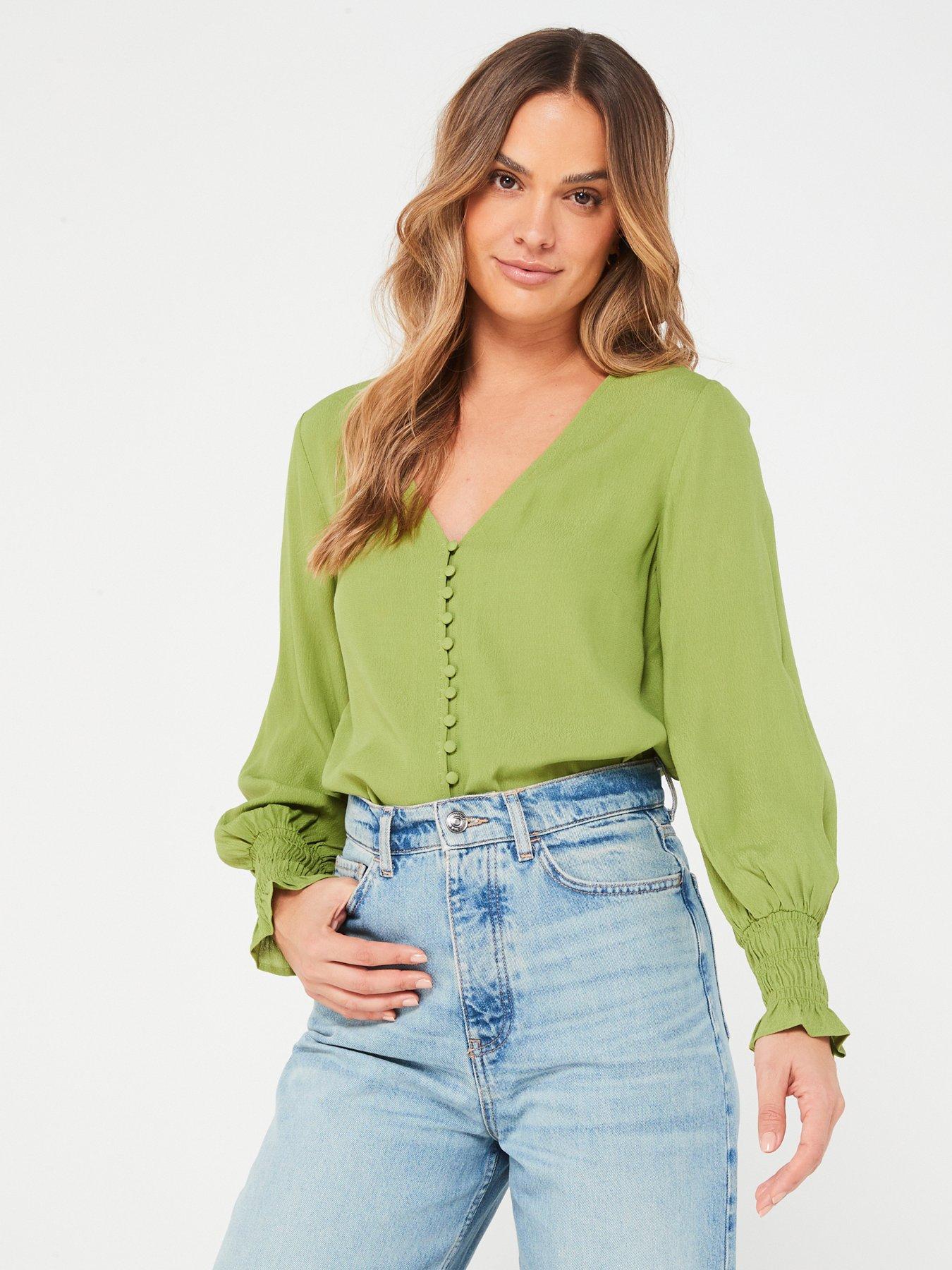 V by Very V Neck Button Through Blouse- Green | Very.co.uk