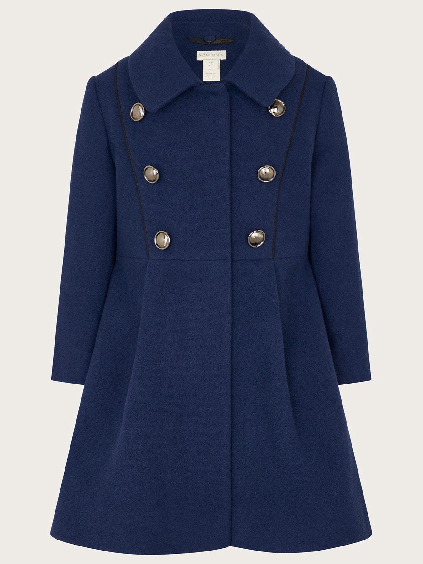 Girls Trim Detail Military Style Coat Blue