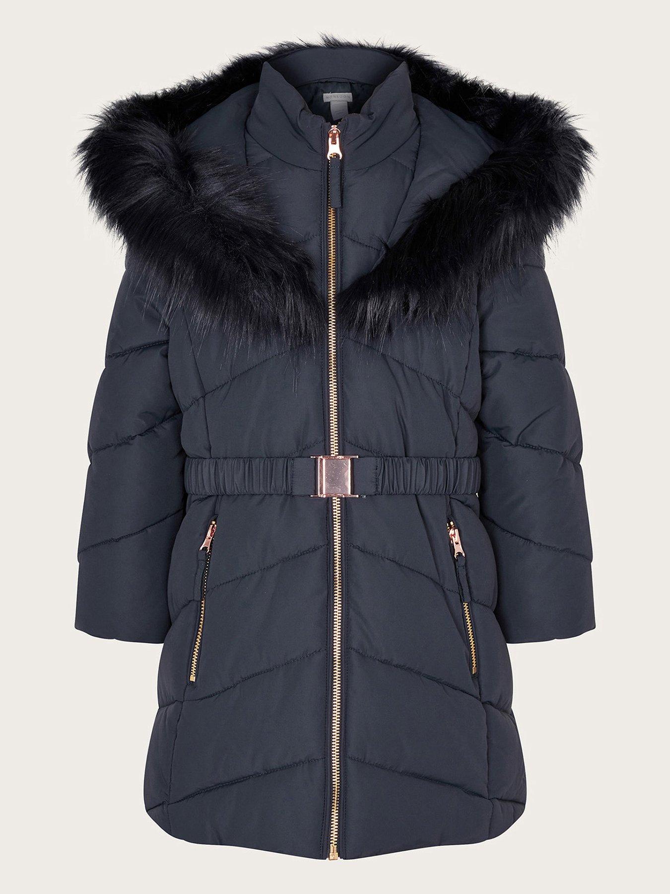 Navy faux fur hotsell trim belted padded jacket