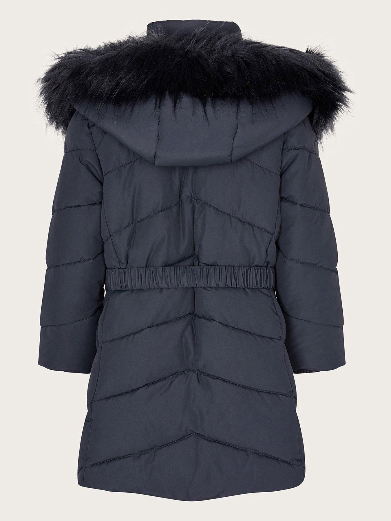 Monsoon Girls Belted Faux Fur Hood Padded Coat Navy very