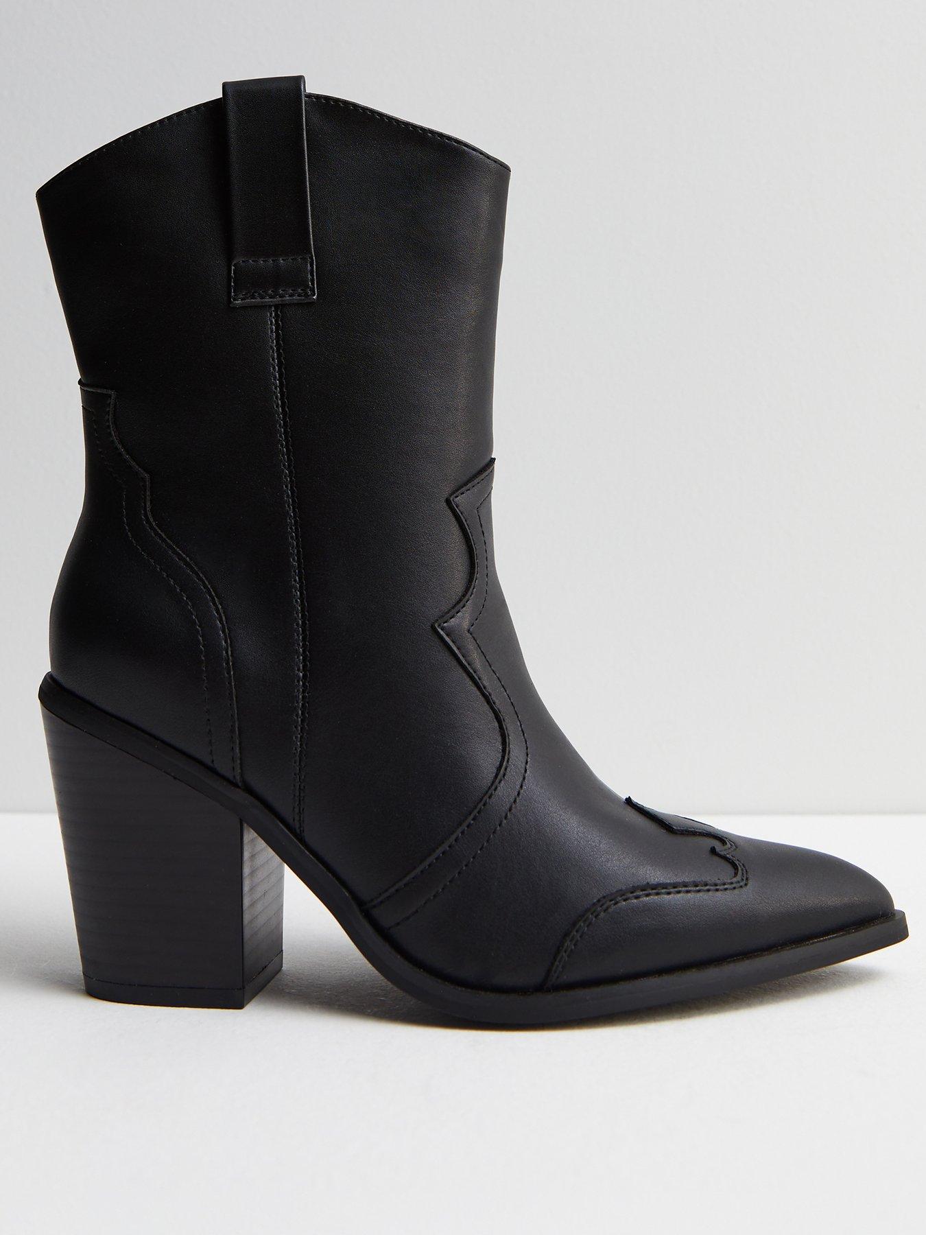 New Look Black Leather-Look Block Heel Cowboy Boots | very.co.uk