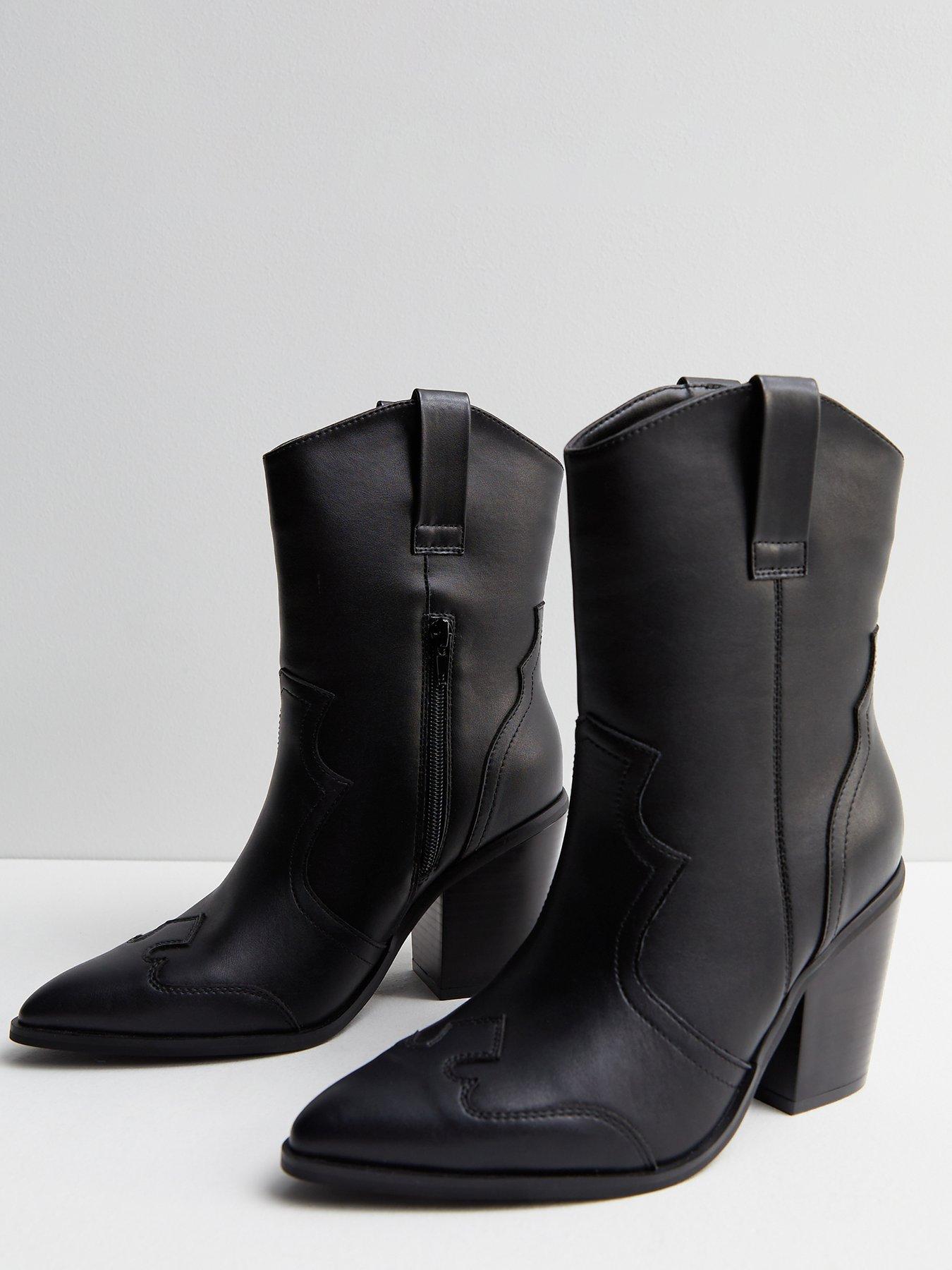 Black Leather Look Block Heel Cowboy Boots