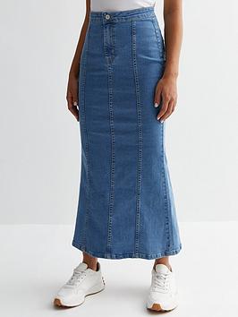 new look blue denim exposed seam maxi skirt