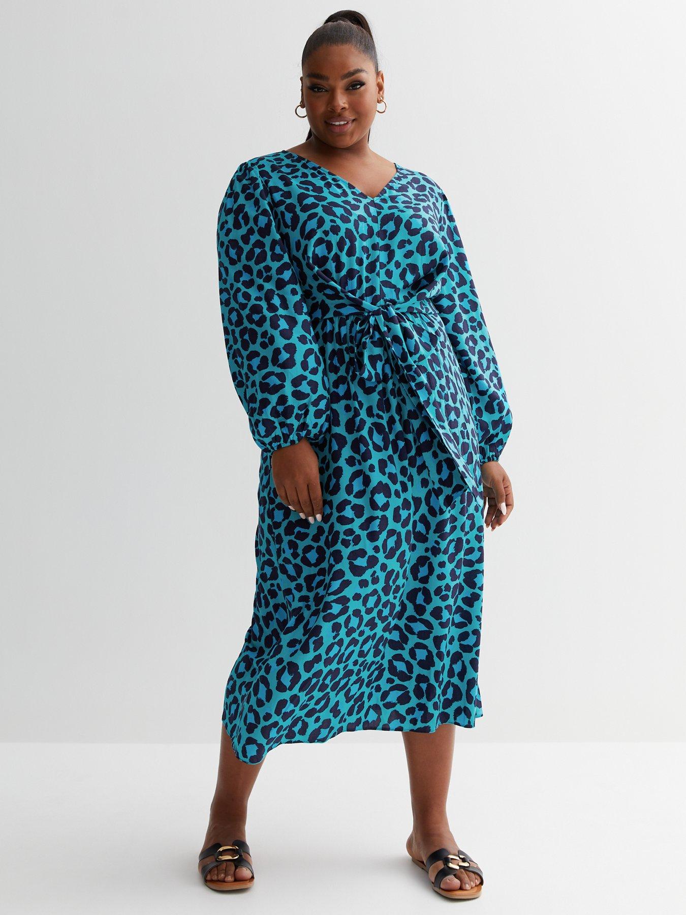 New Look Curves Leopard Tie Front Midi Dress Blue very