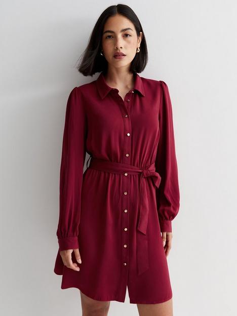 new-look-burgundy-belted-mini-shirt-dress