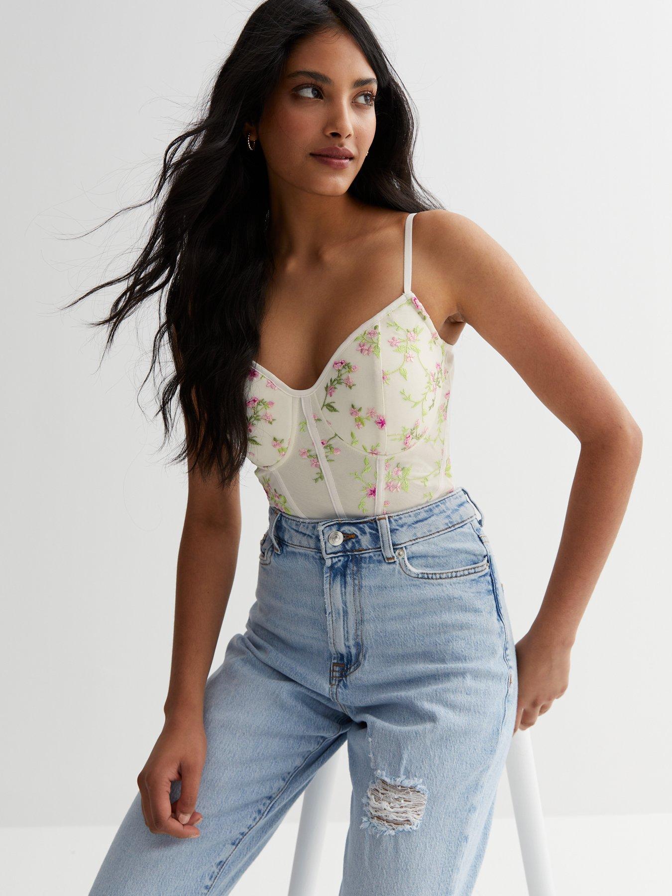 New Look Cream Floral Strappy Bustier Bodysuit