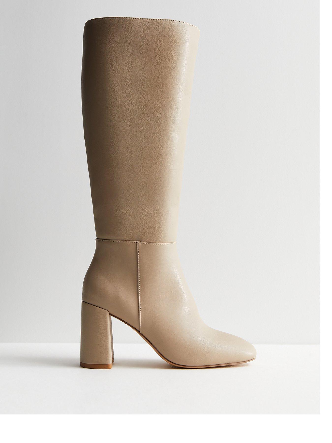 New Look Camel Leather Look Stretch Block Heel Knee High Boots