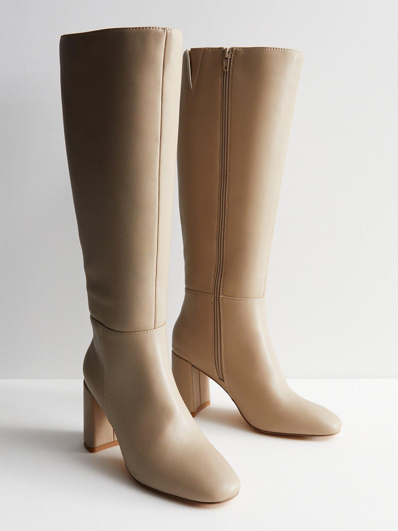 New Look Camel Leather-Look Stretch Block Heel Knee High Boots