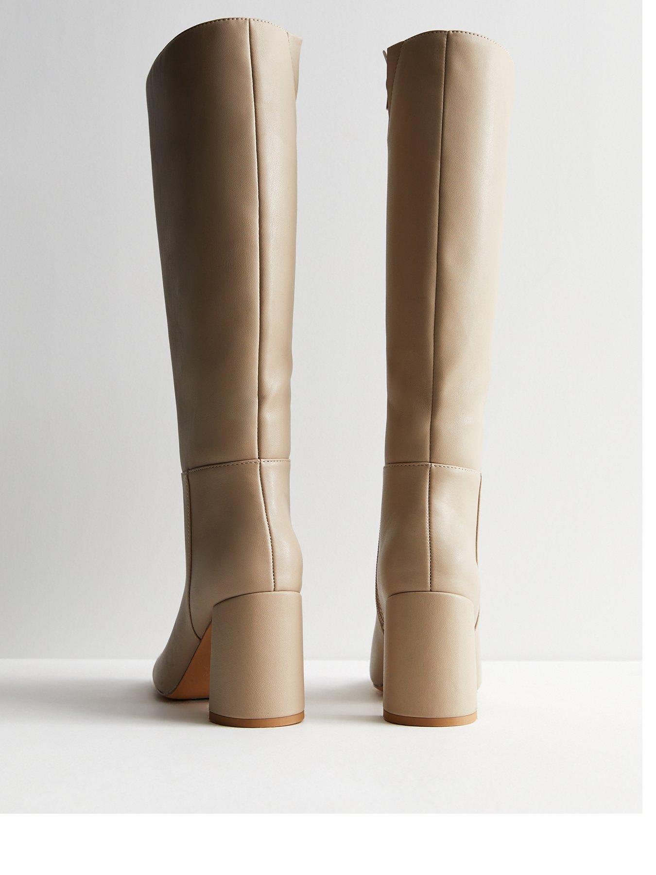 New Look Camel Leather-Look Stretch Block Heel Knee High Boots