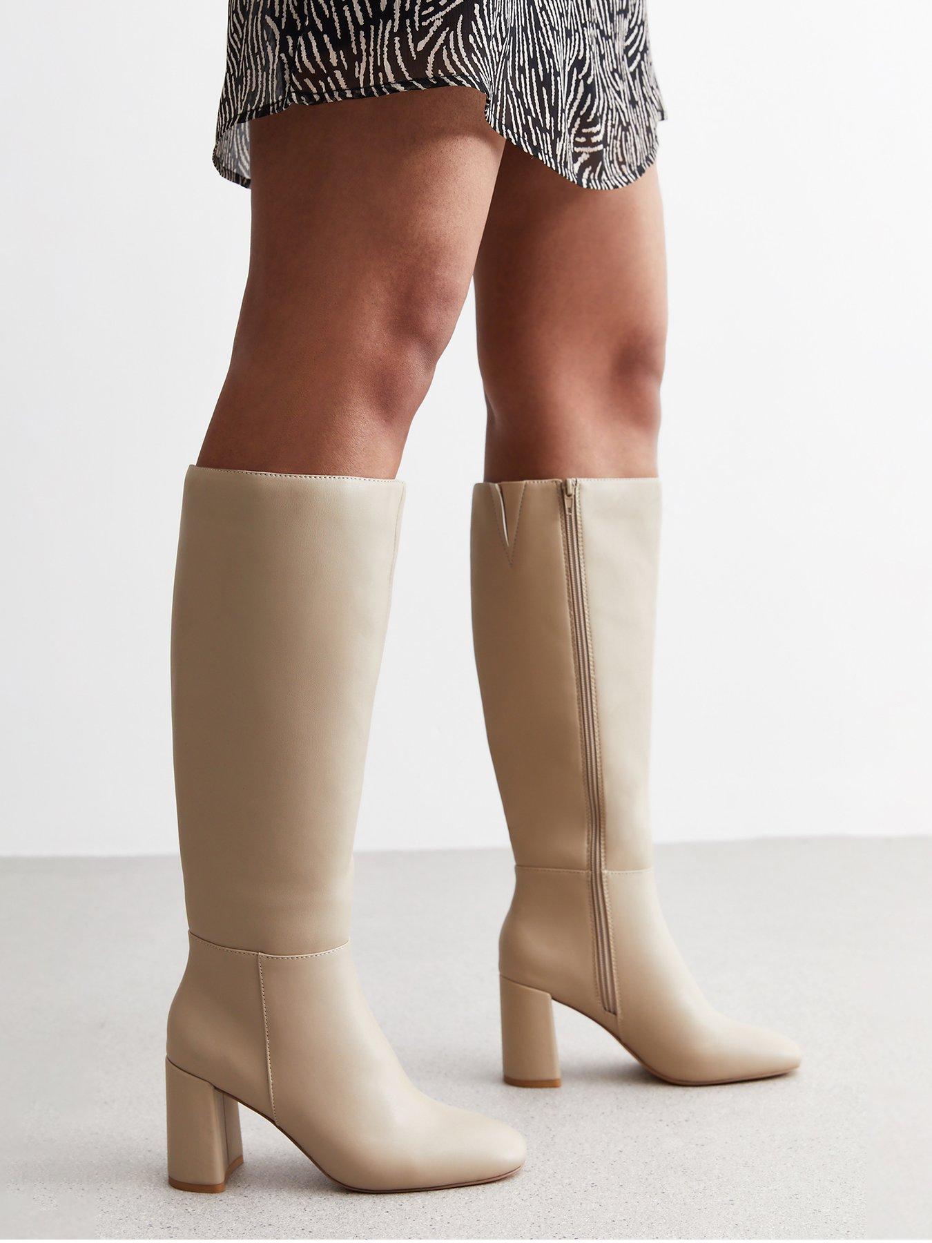 Camel Leather Look Stretch Block Heel Knee High Boots