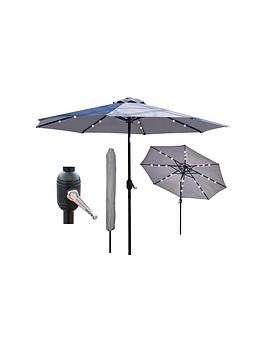 Glamhaus Solar Led Tilting Light Grey Garden Parasol Umbrella 2.7M With Crank Handle, Uv40+ Protection, Includes Protection Cover - Robust Steel