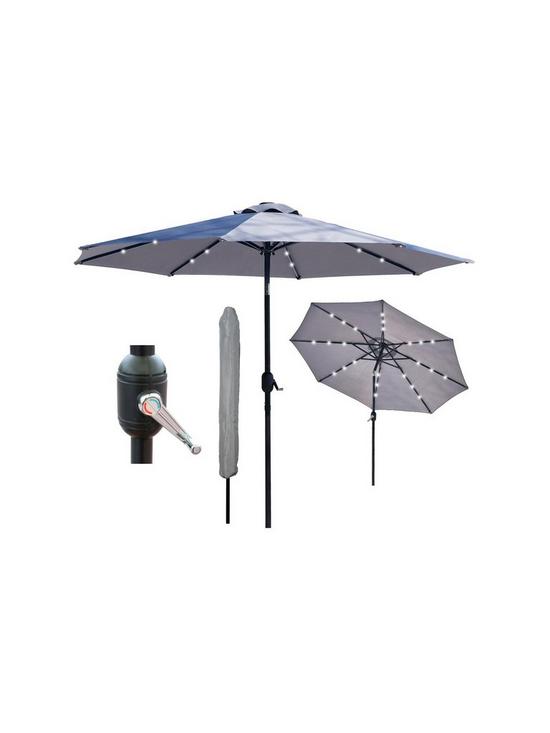 front image of glamhaus-solar-led-tilting-light-grey-garden-parasol-umbrella-27m-with-crank-handle-uv40-protection-includes-protection-cover-robust-steel