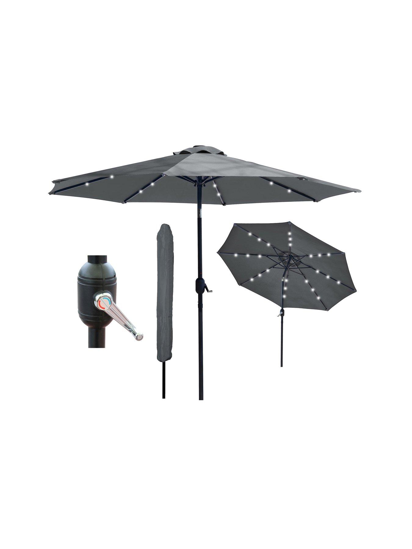 Glamhaus Solar LED Tilting Dark Grey Garden Parasol Umbrella 2.7M with Crank Handle, UV40+ Protection, Includes Protection Cover - Robust Steel