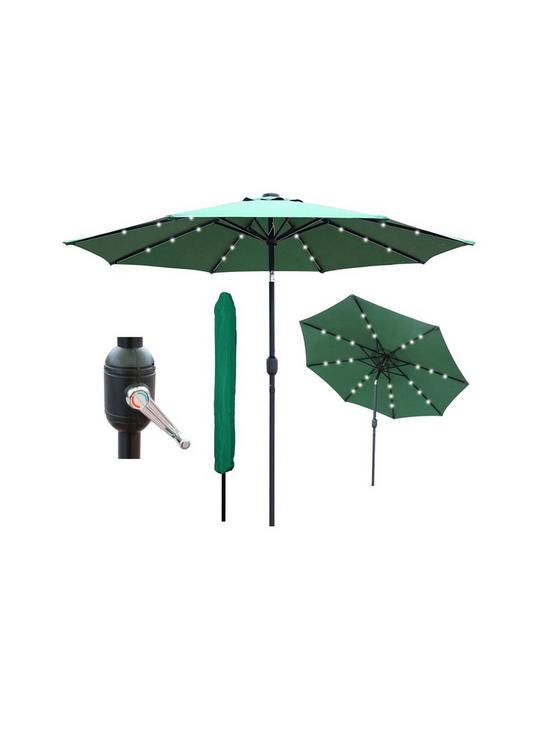 front image of glamhaus-solar-led-tilting-green-garden-parasol-umbrella-27m-with-crank-handle-uv40-protection-includes-protection-cover-robust-steel