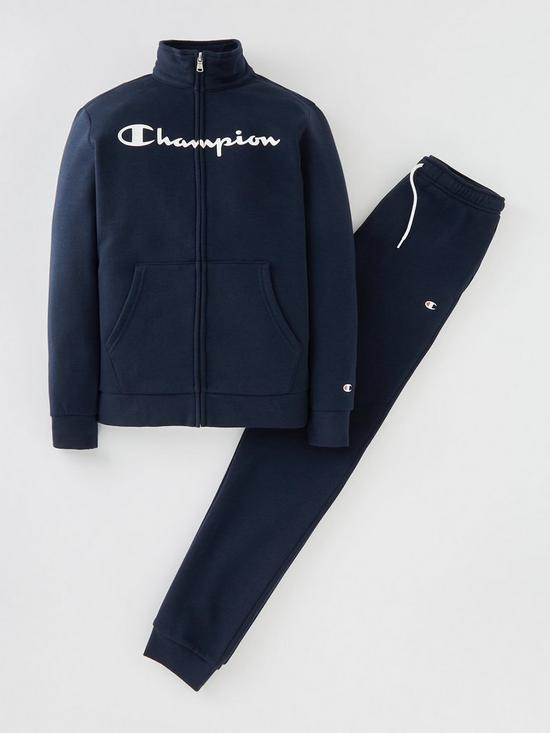 front image of champion-legacy-sweatsuits-full-zip-suit-navy